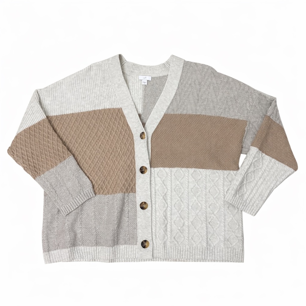 J.Jill Patchwork Knit Cardigan Sweater XL Neutral Colorblock Button Front